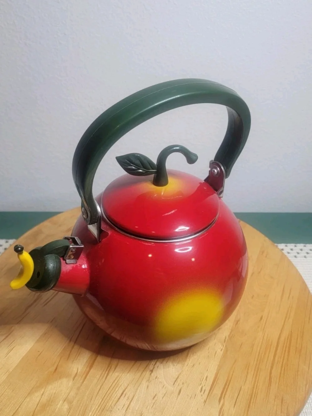Decorative Red and Yellow Apple Whistling Tea Kettle with Green Handle
